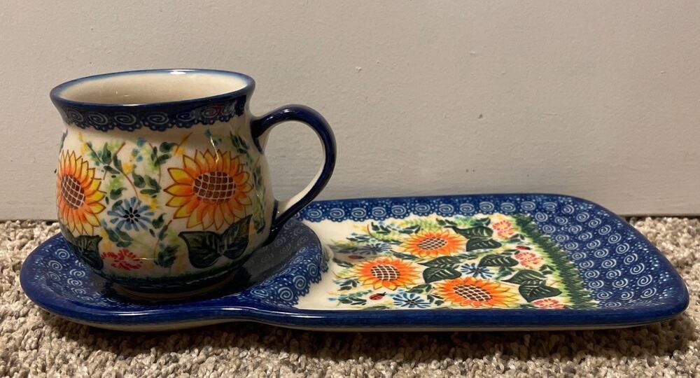 Unikat Kalich Coffee Cake Polish Pottery Set Sunflower Floral Poland Mug Plate